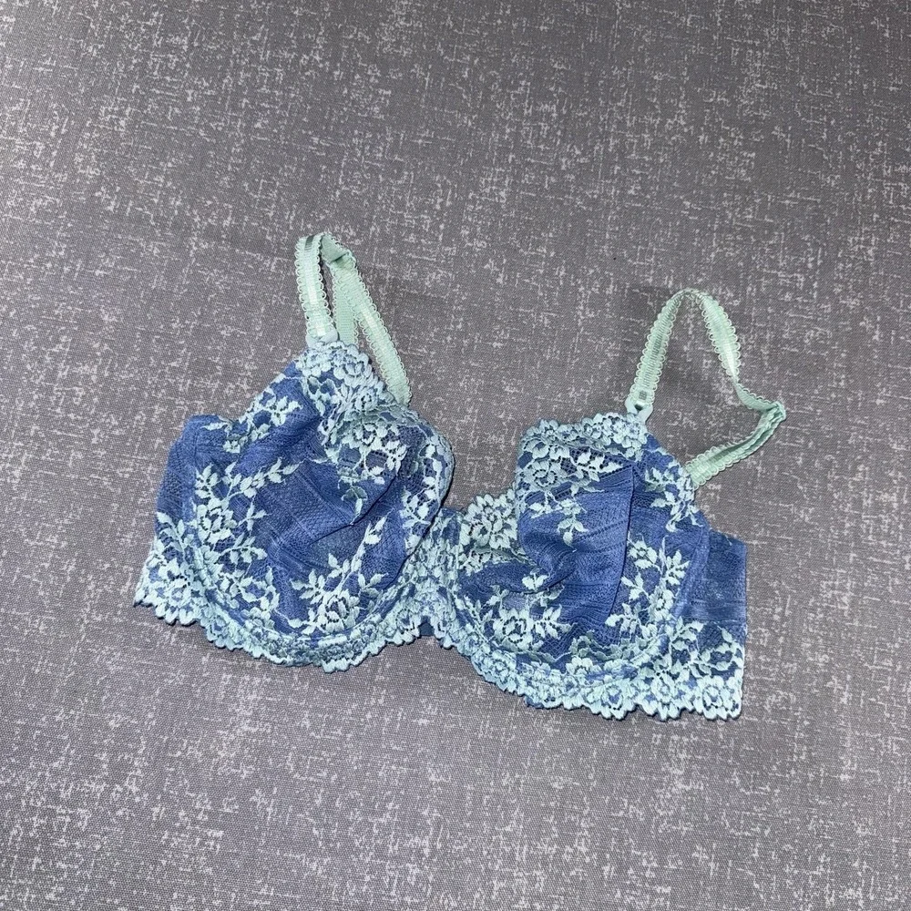 Wacoal Bra Womens 34D Blue Lace Balconette Underwire Unlined Sheer Floral 65191